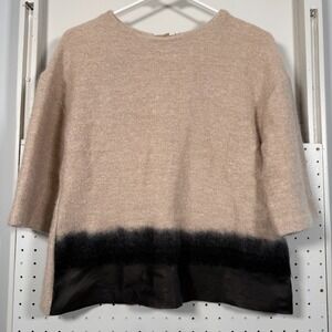 ALYSI Cardigan Women's Size 2 Beige Black Knit Virgin Wool 3/4 Sleeve Sweater